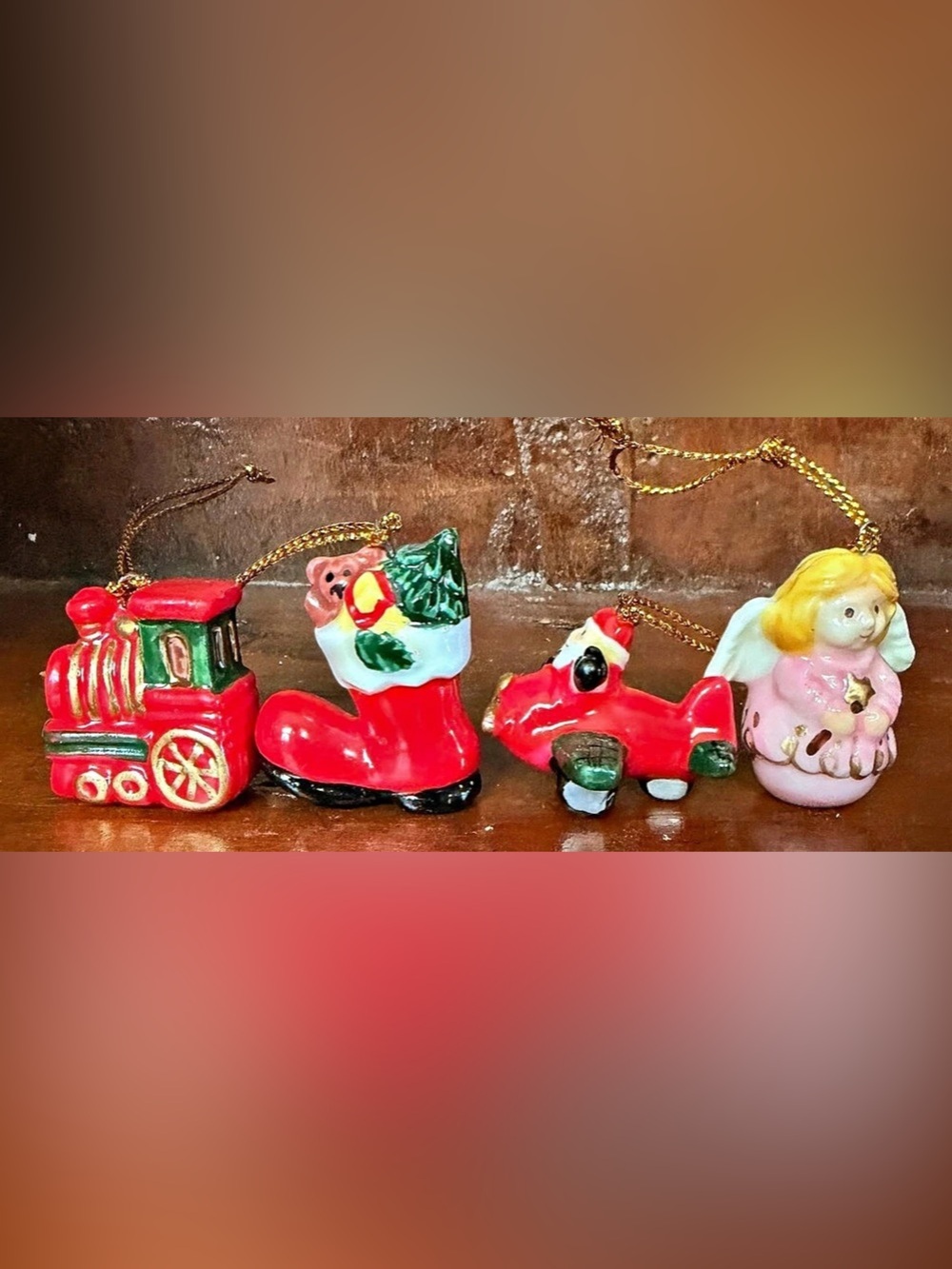 Vintage Holiday Ornament miniature set of 4, train, stocking, Santa in a plane a